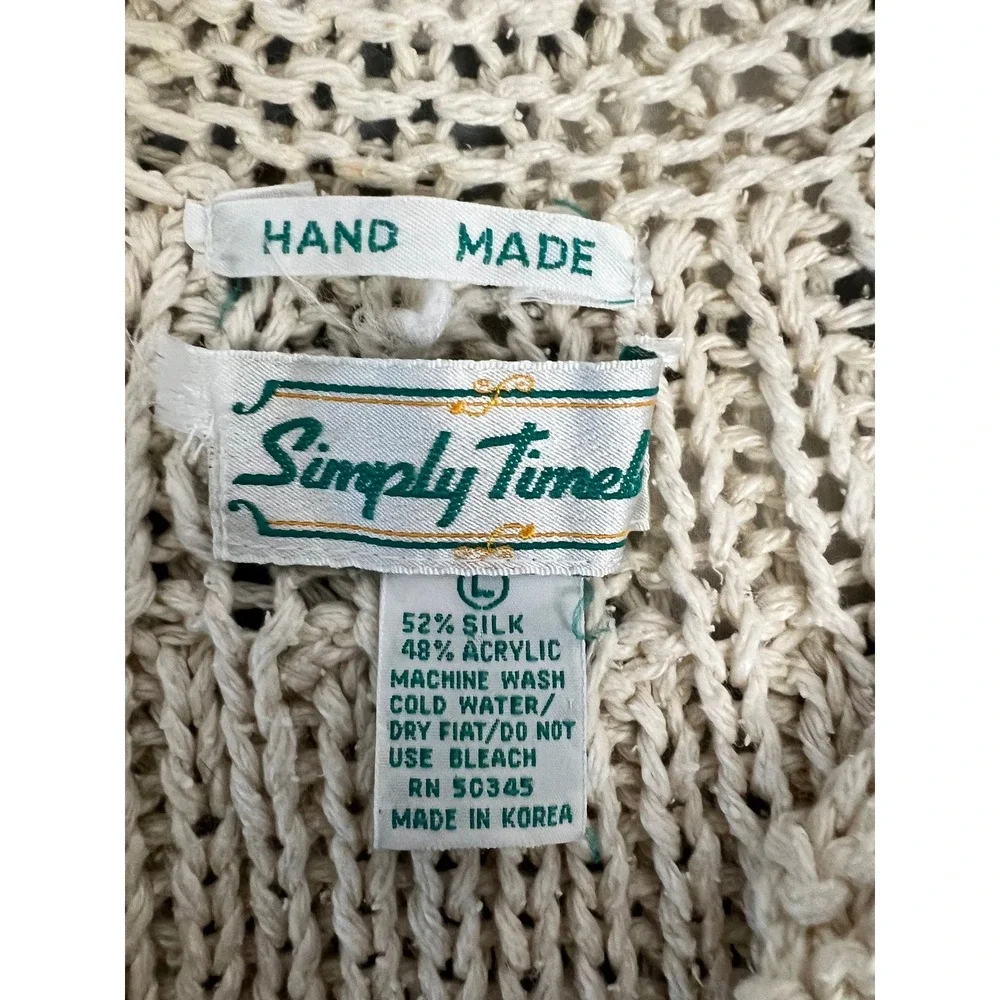Simply Times Cream Knit Open Front Vest Sweater Size L Silk‎ Blend Vintage